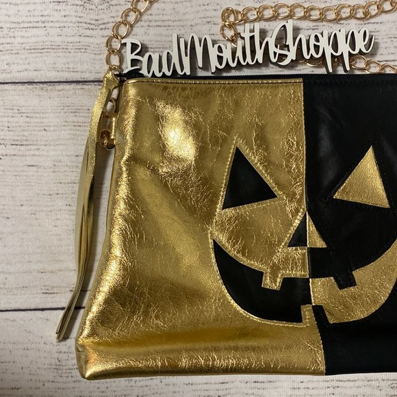 *Verona Black Gold and Black Leather Split Jackolantern Bag Purse - Picture 2 of 9